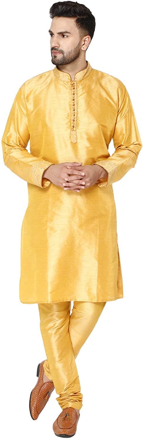 SKAVIJ Mens Tunic Indian Art Silk Summer Kurta Pajama For Wedding Dress Set