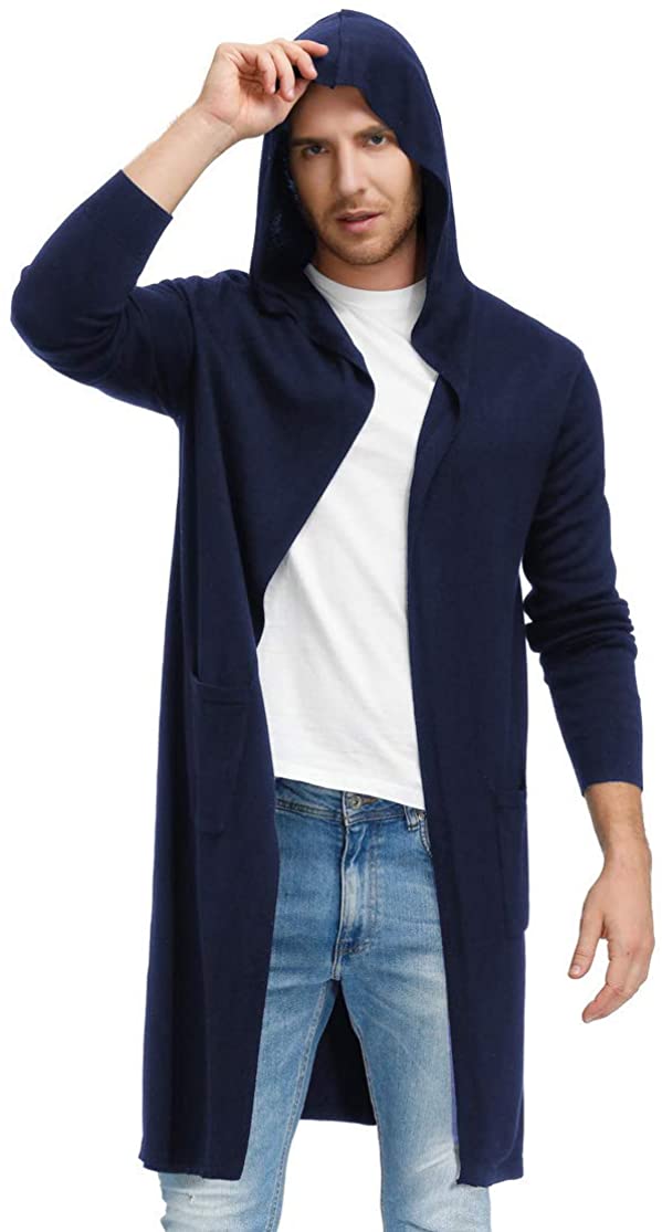 PJ PAUL JONES Men's Knee Length Long Cardigan Open Front Draped Hooded  Cardigan