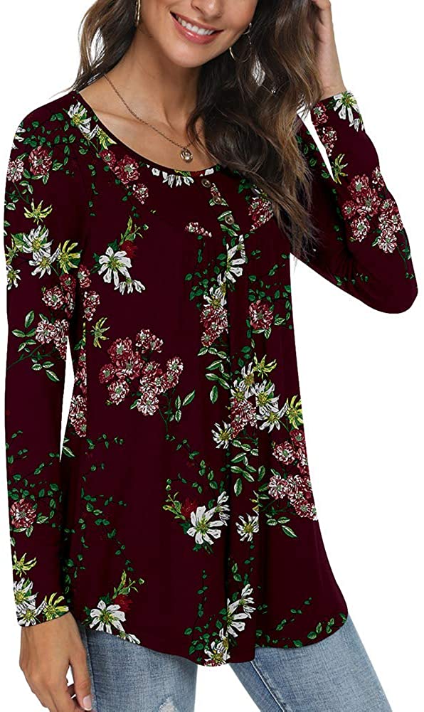 POPYOUNG Women's Casual Long Sleeve Tunic Tops Loose Fit Pleated Fall T ...