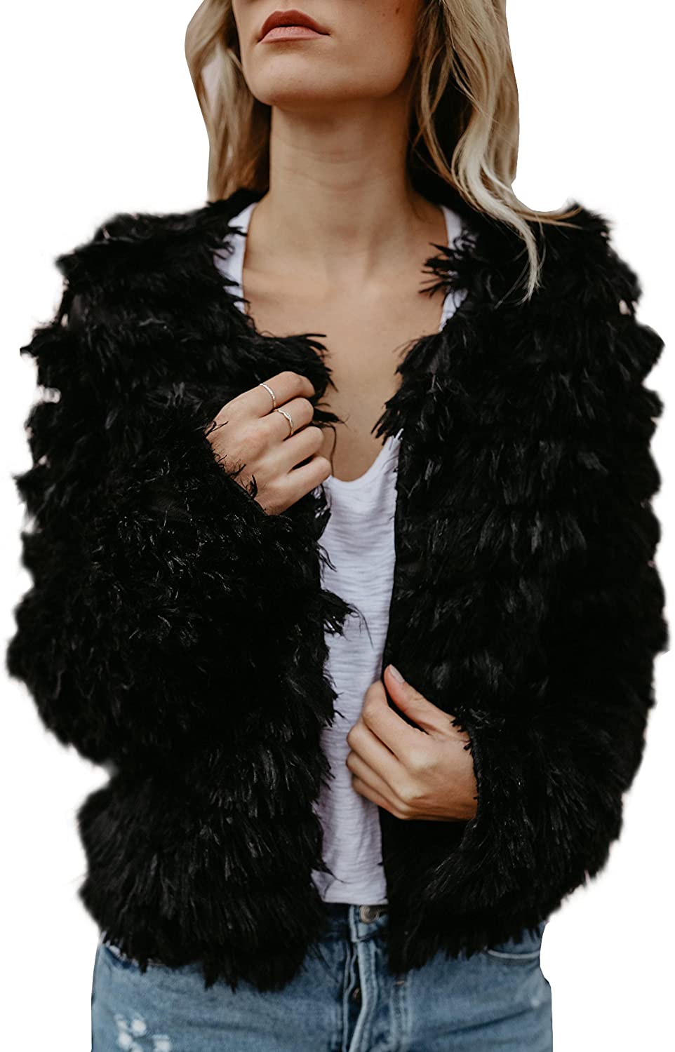 Ramoug Womens Winter Outwear Faux Fur Long Sleeve Short Jacket Parka Coat Open Front Cardigans