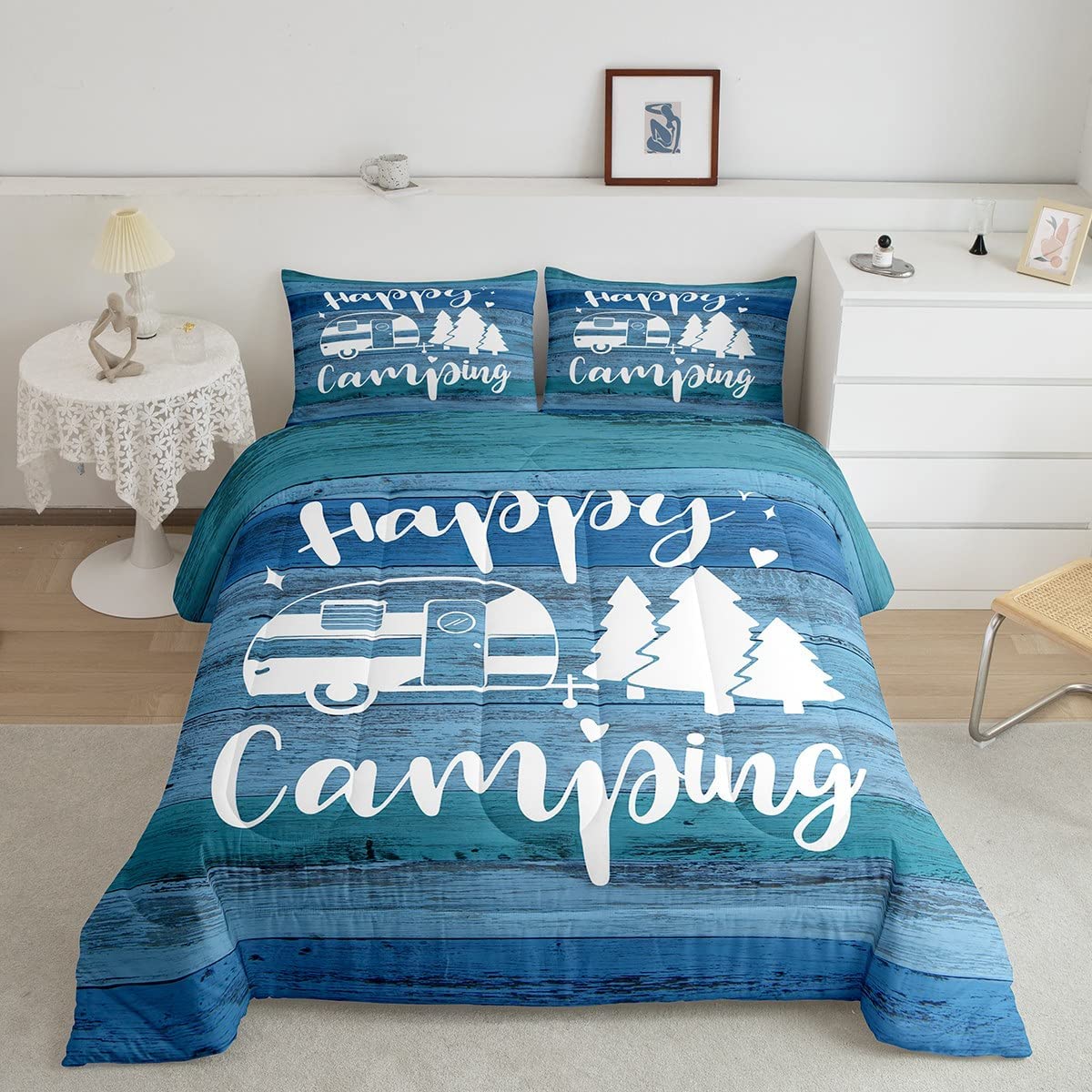 Castle Fairy Camper Comforter Queen,Happy Camping Comforter Set Microfiber  RV Inside Decor Duvet Bedding,Camper Accessories for Travel Trailers,Camper