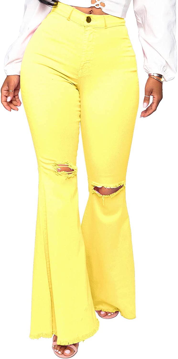 Women's Flare Bell Bottom Jeans Destroyed Flare Denim Pants 70s
