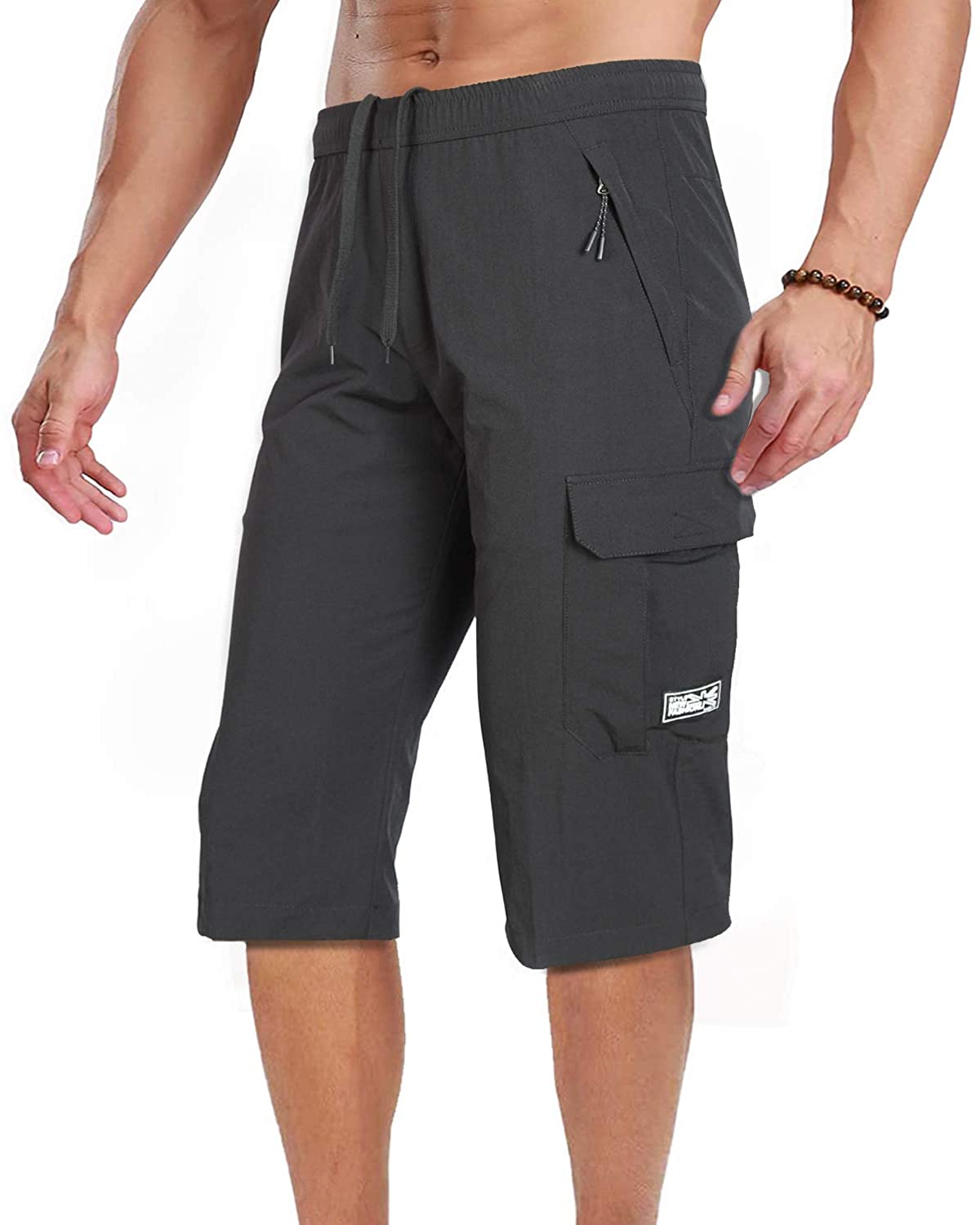 LACSINMO Men's Below Knee Shorts Quick Dry 3/4 Hiking Long Walking Shorts Summer Thin Capris with 4 Zipper Pockets 