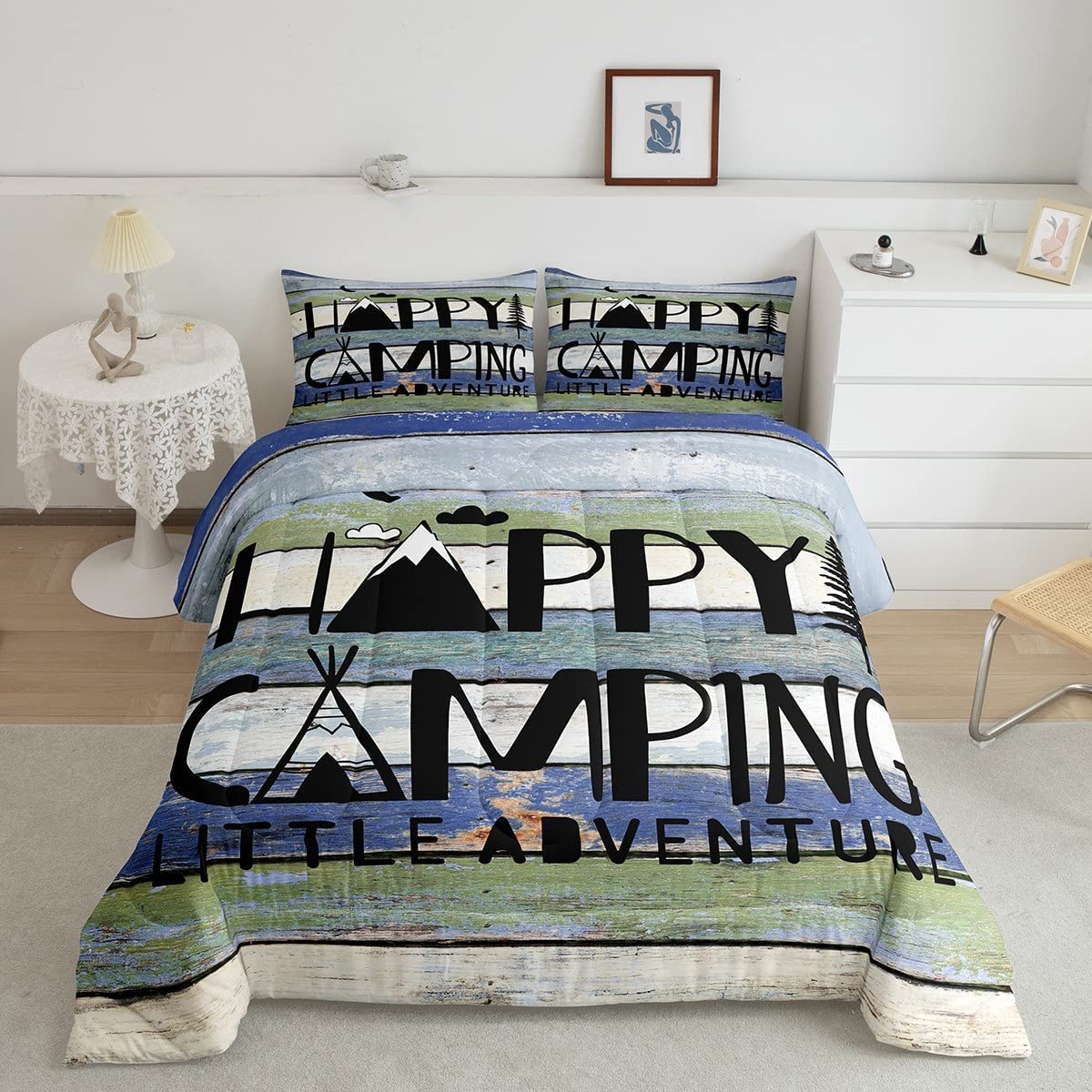 Camper Comforter Set,RV Insider Decor Happy Camping Bedding Set with 2  Pillowcas