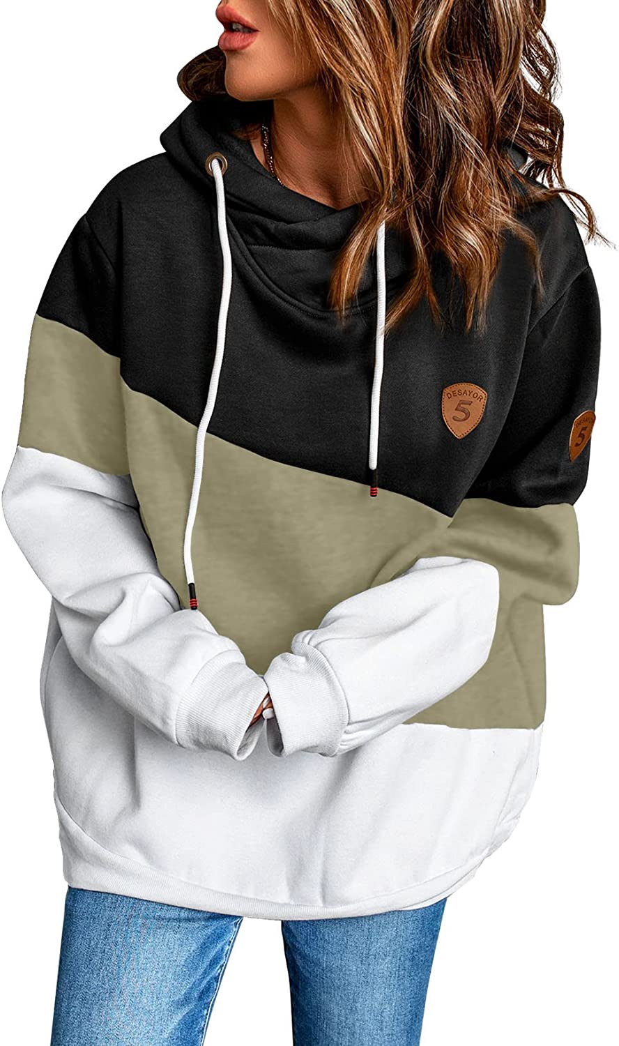  Happy Sailed Womens Cowl Neck Color Block Hoodies Long