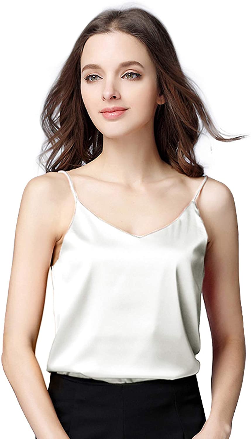 Fsqjgq Summer Shiny Silk Tank Top Women's T-Shirt Sleeveless V-Neck Casual  Loose Camisole Black White Crop Tops Female Basics Vest Black M