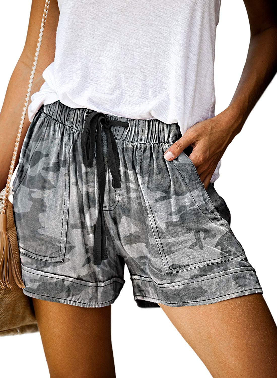 KINGFEN Comfy Drawstring Casual Elastic Waist Shorts for Women Summer Beach Cotton Pull On Short with Pockets