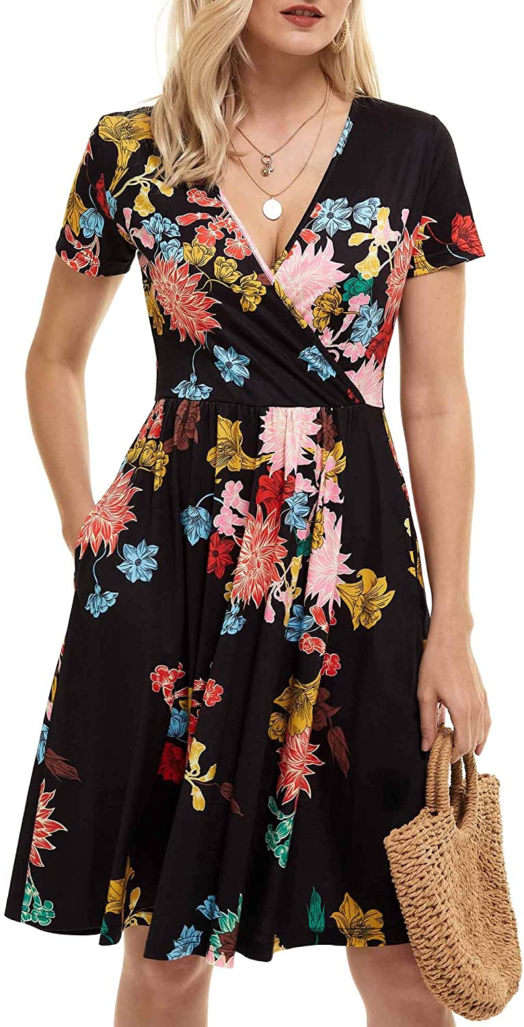 GUBERRY Women's Summer Casual Short Sleeve Wrap V Neck Floral Dress ...