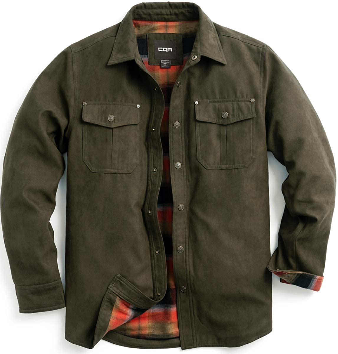 CQR Men's Flannel Lined Shirt Jackets, Long Sleeved Rugged Plaid Cotton  Brushed Suede Shirt Jacket