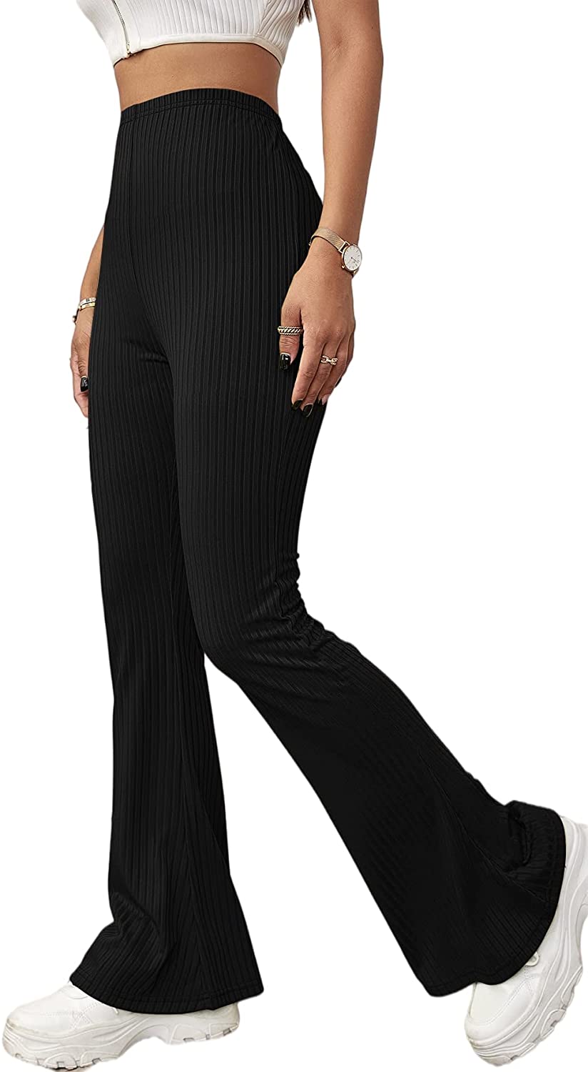 Buy Milumia Women Casual Ribbed Knit High Waist Trousers Flare Leg Solid  Long Pants Khaki Small at