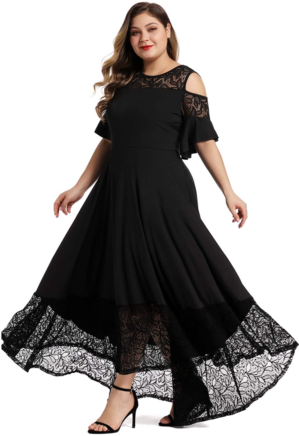 LALAGEN Womens Plus Size Lace Cold Shoulder Long Swing Evening Party Maxi  Dress | eBay