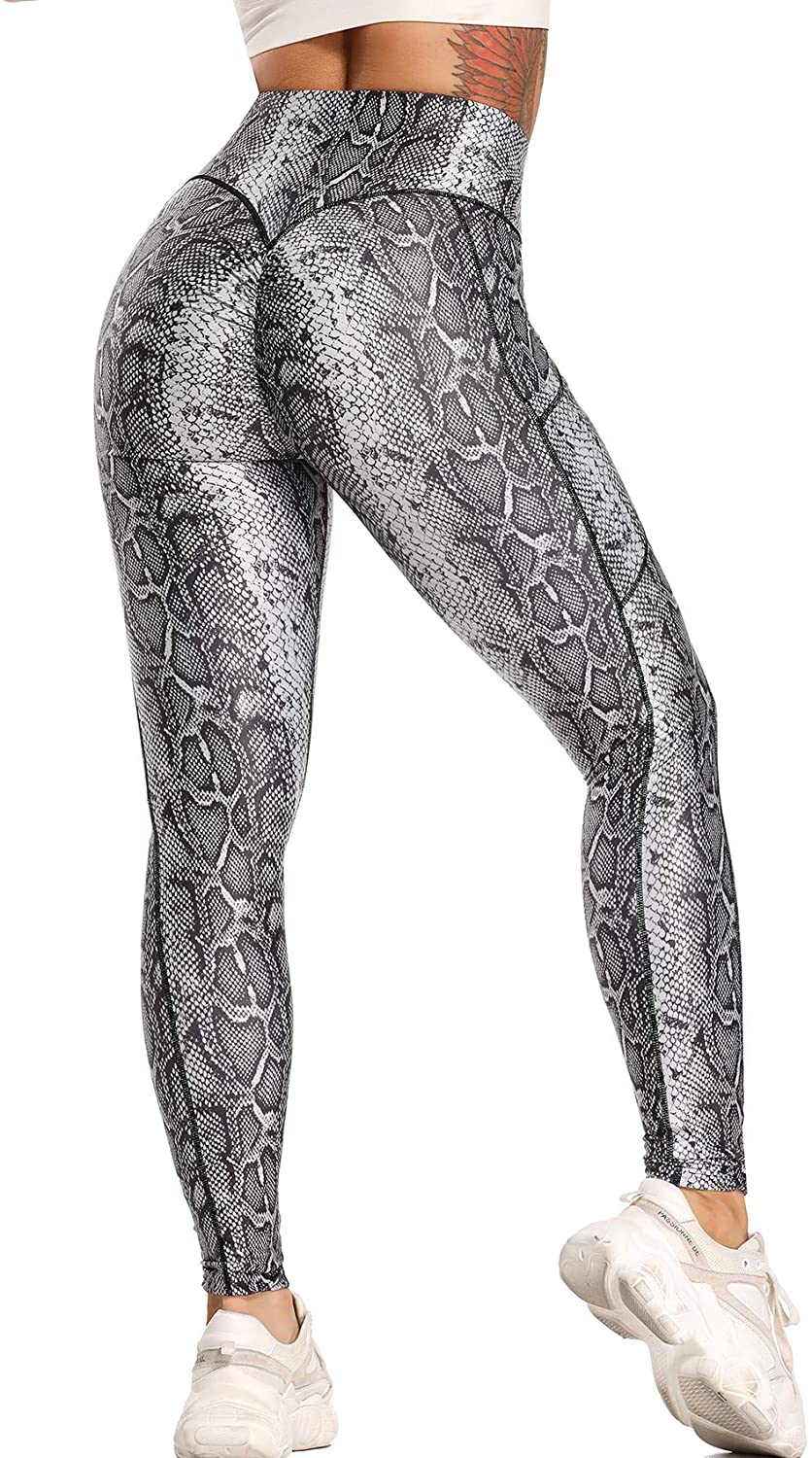 Women Snake-skin Printed Yoga Pants Tummy Control Workout Ruched Butt  Lifting Stretchy Leggings High Waisted Shapewear Exercise Gym Leggings