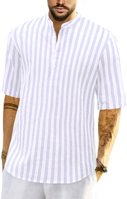 JMIERR Mens Cotton Linen Henley Shirt Casual Button Down Short Sleeve  Tropical S eBay