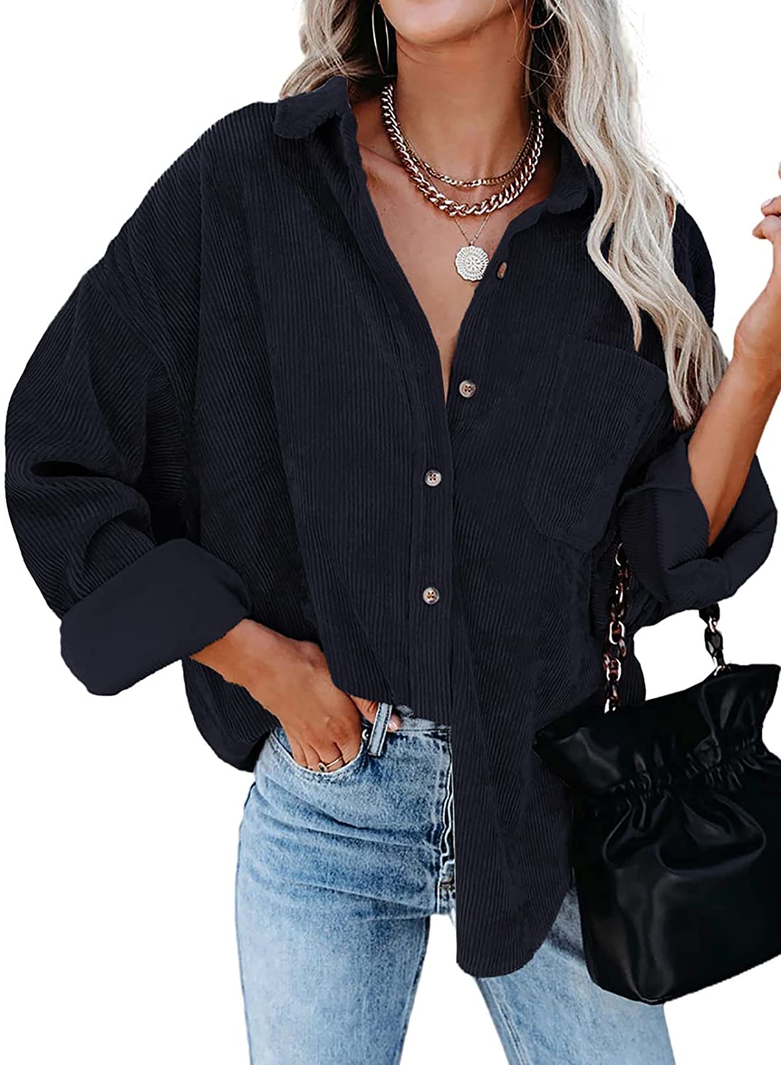 Actloe Womens Corduroy Shirt Long Sleeve Oversized Button Down