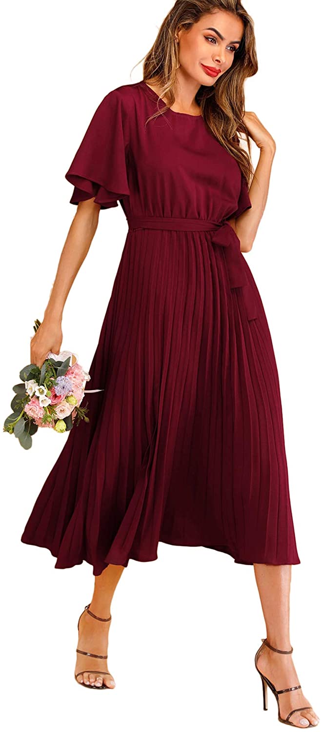 Milumia Women's Elegant Pleated Belted Solid Long A Line Dress | eBay