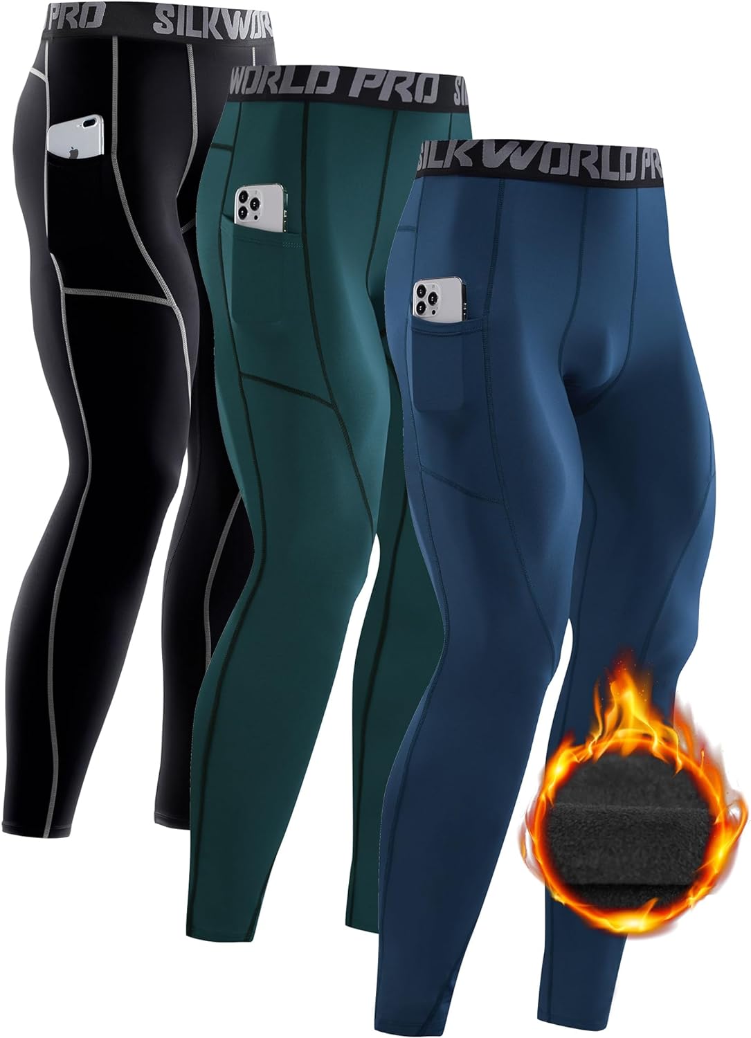  SILKWORLD Mens 13 Pack Compression Pants Pockets Cool Dry Gym  Leggings Baselayer Running Tights