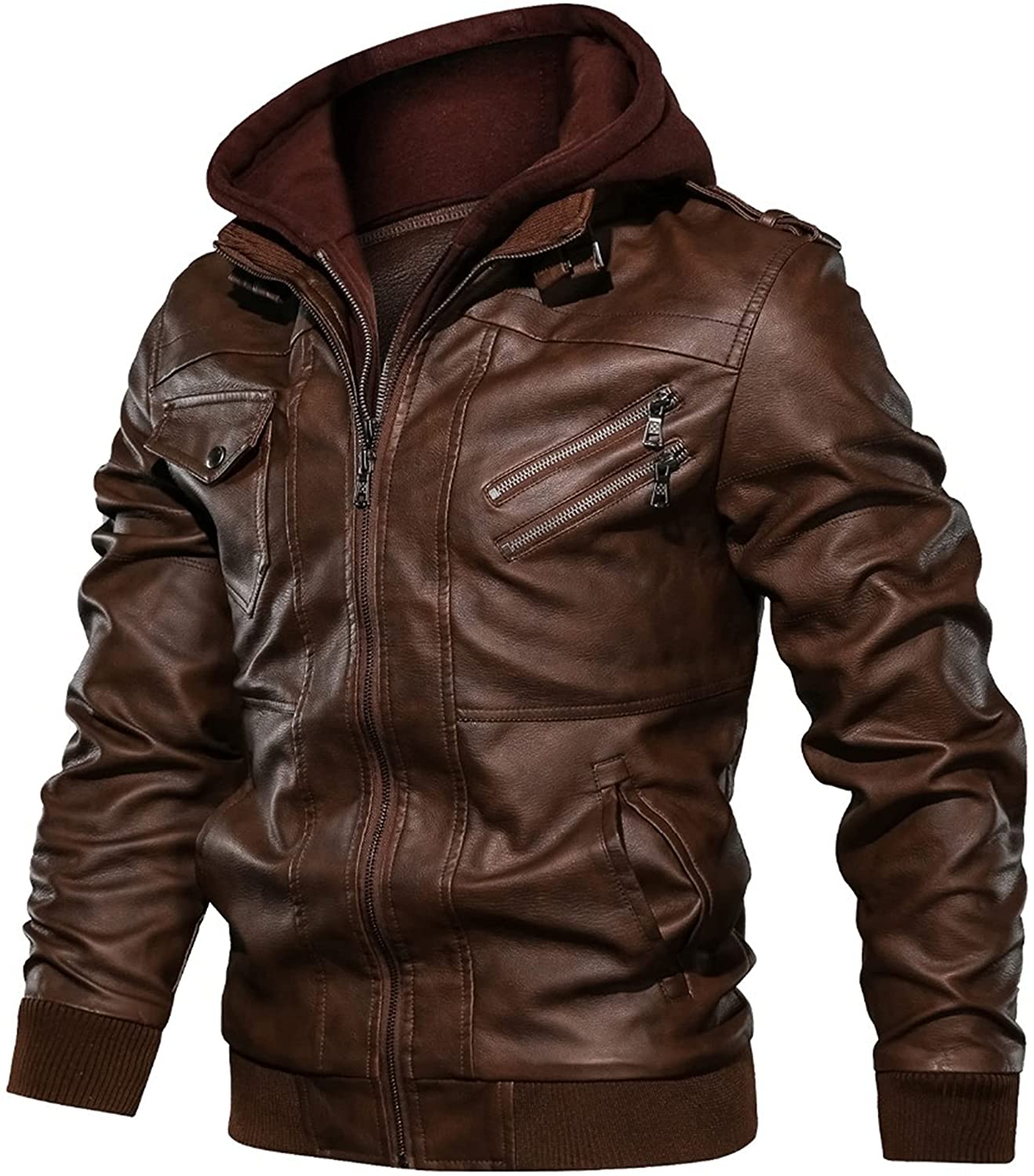 Springrain Mens Casual Stand Collar Slim PU Leather Sleeve Bomber Jacket