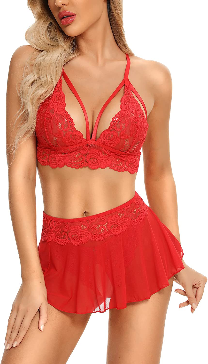 Genhoo Sexy Lingerie Sets for Women Naughty 3 Piece Lace Bralette