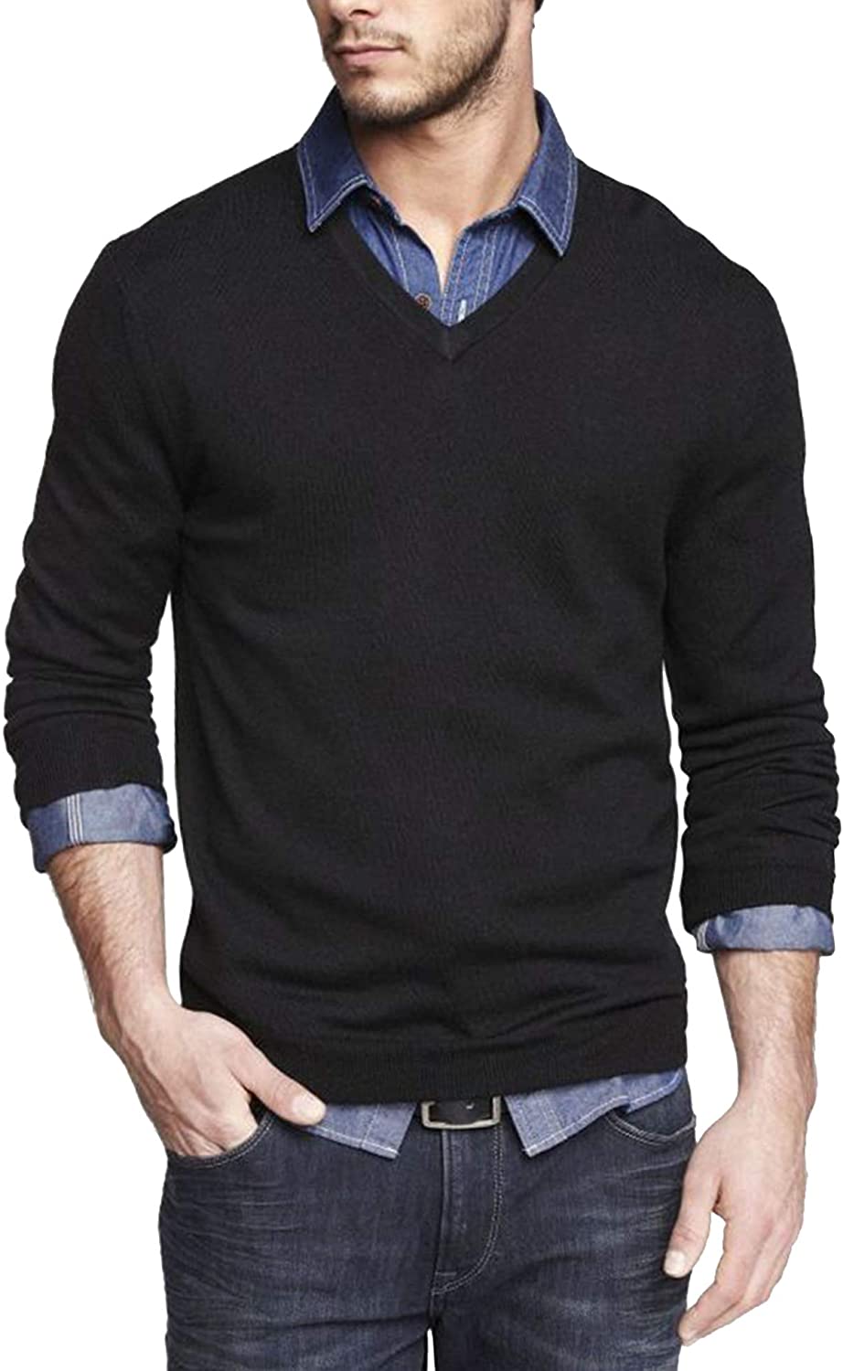 JINIDU Men's V Neck Knit Dress Sweater Casual Long Sleeve