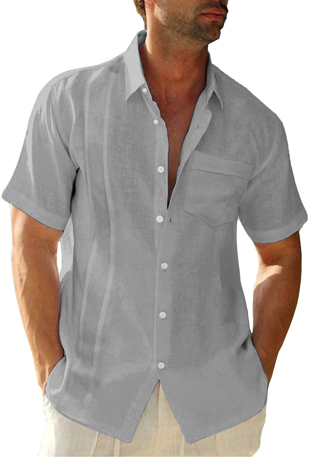 Pengfei Mens Short Sleeve Shirts Linen Cotton Button Down Tees Spread Collar Plain Shirts 