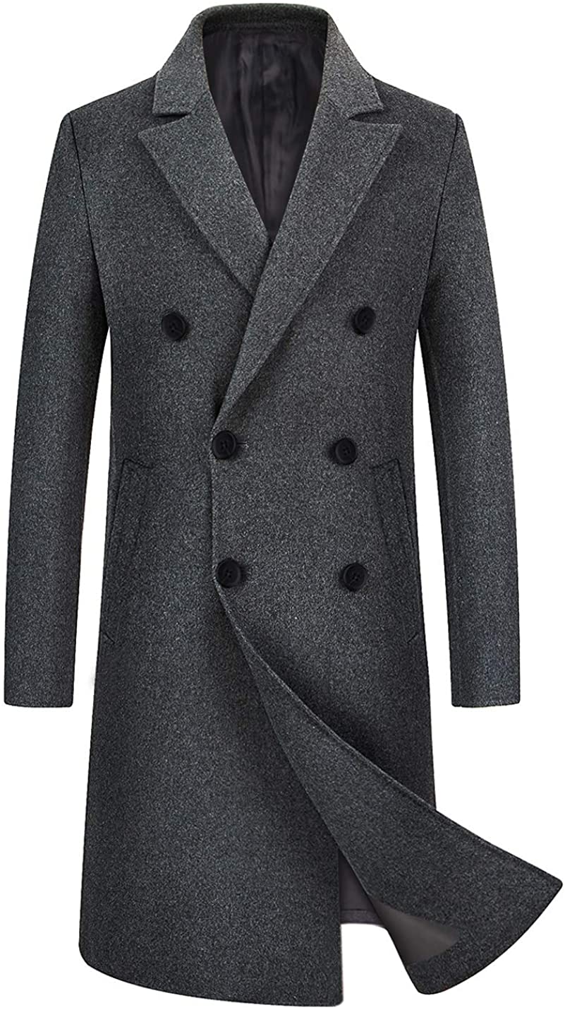 iCKER Mens Trench Coat Winter Wool Blend Jacket Overcoat Long Top Coat ...