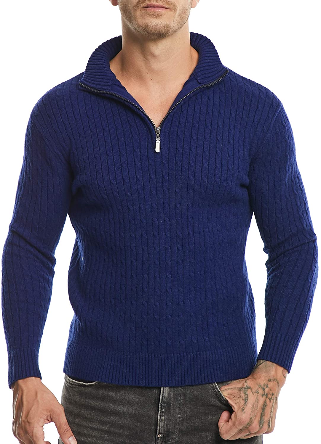 SATINIOR Men‘s Casual Soft Knit Long Sleeve Zip Up Mock Neck Polo ...