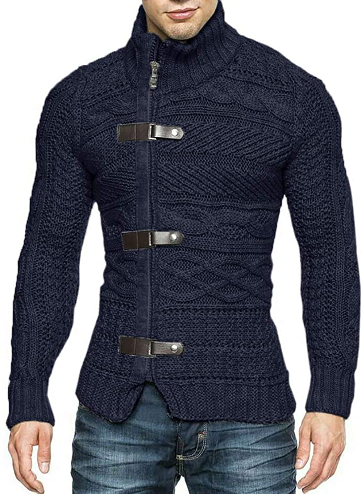 Karlywindow Mens Cable Knitted Cardigan Sweater Turtleneck Long Sleeve ...