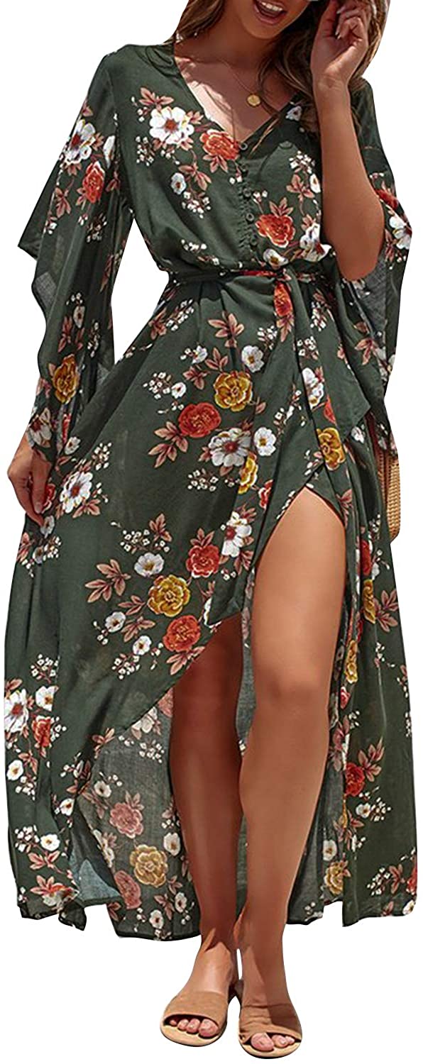 Women Maxi Dress FAPIZI Chiffon Floral Print Sleeveless Backless Casual Boho Turtleneck Beach Long Dress 