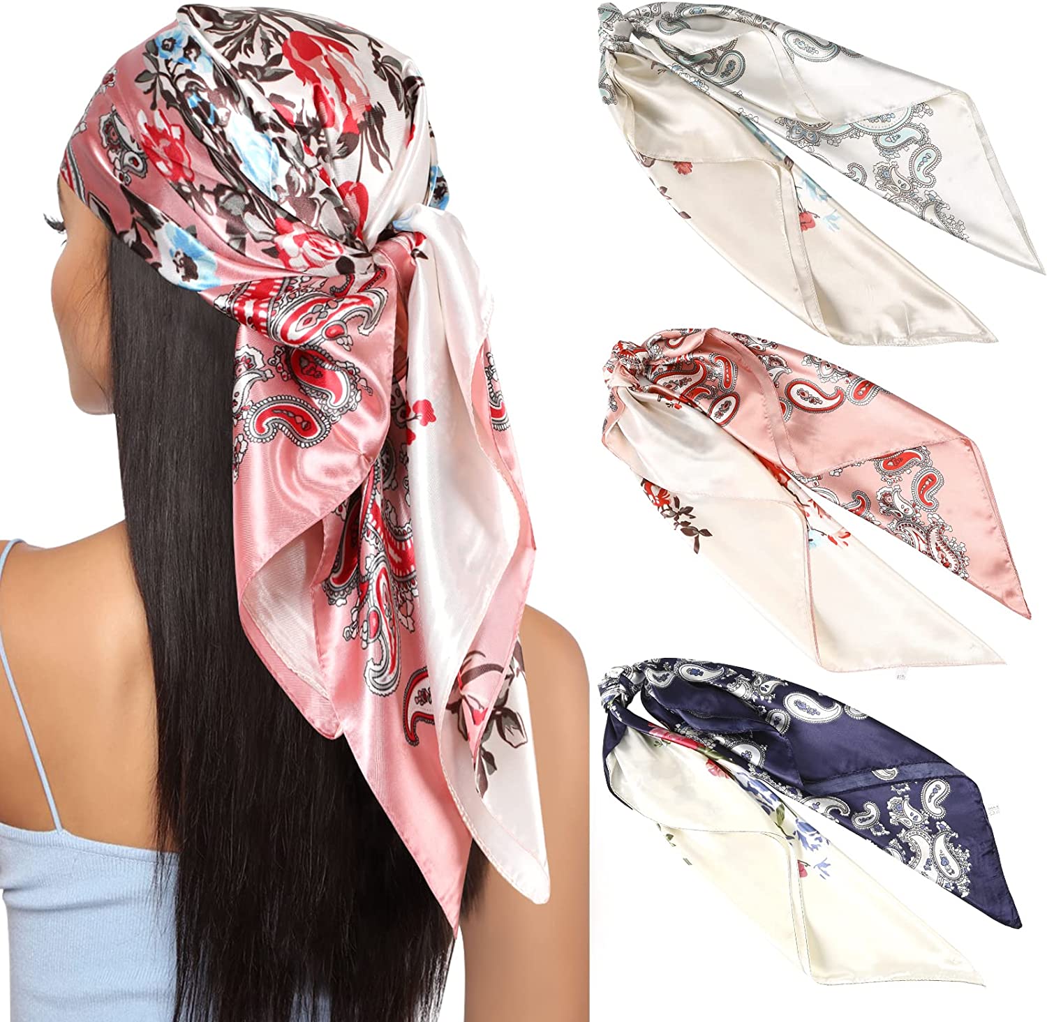  DRESHOW 35” Large Square Satin Head Scarf - 4Pcs Silk  Accessories Classic Patterned Squares Beach Bandanas for Women : Everything  Else