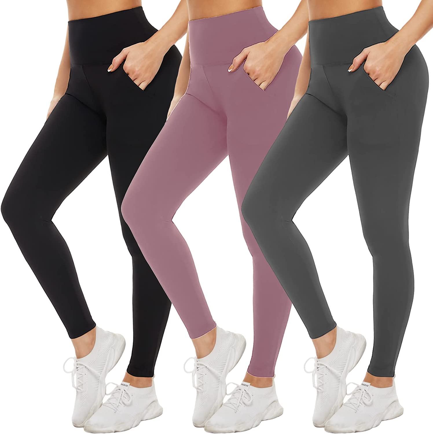 NEW YOUNG 3 Pack Leggings with Pockets for Women,High Waisted Tummy Control  Work