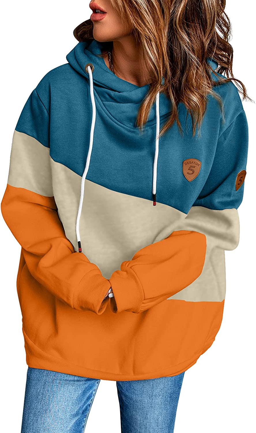  Happy Sailed Womens Cowl Neck Color Block Hoodies Long