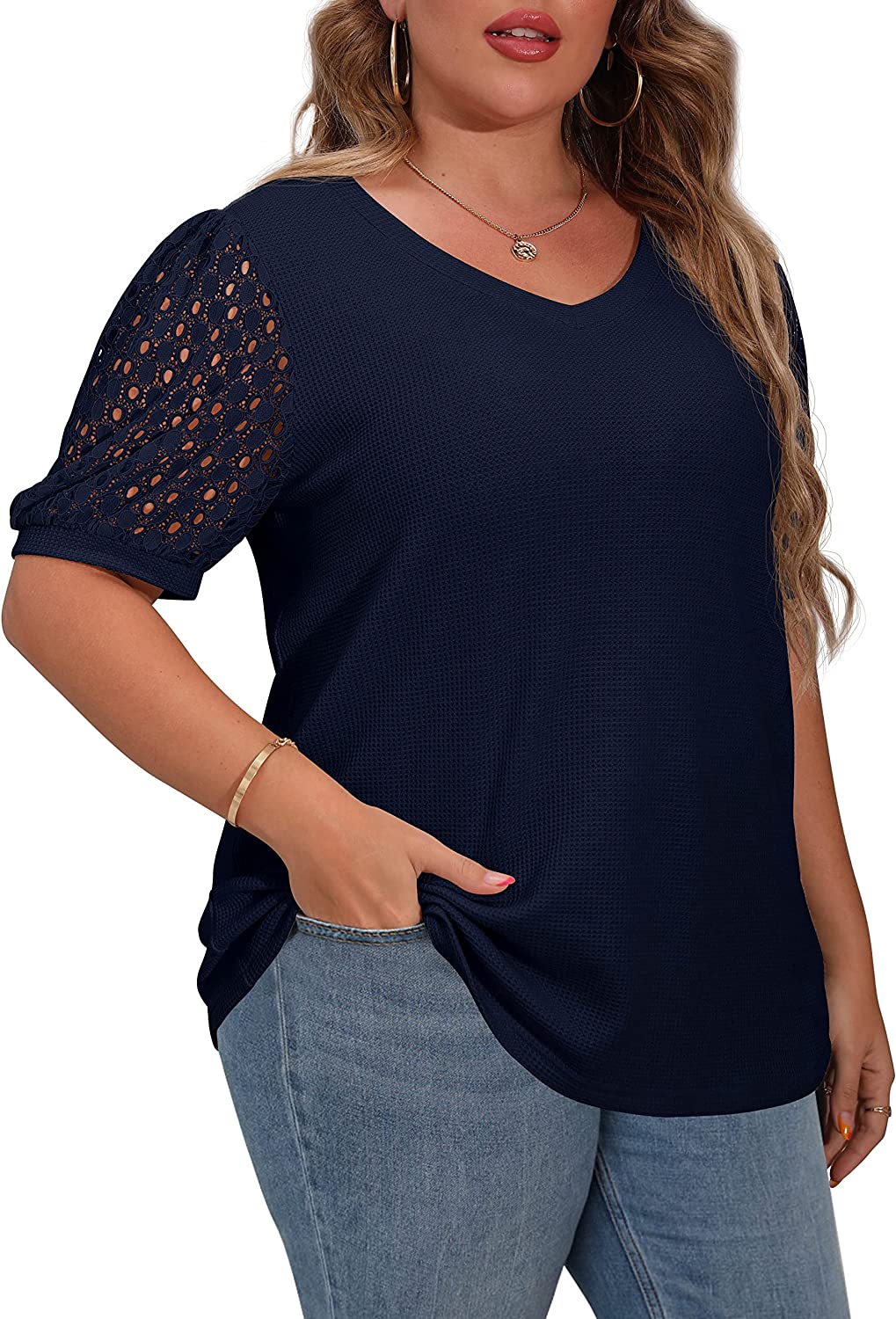 OLRIK Plus Size Tops for Women Summer Blouse Waffle Knit Short Lace Sleeve  Shirt