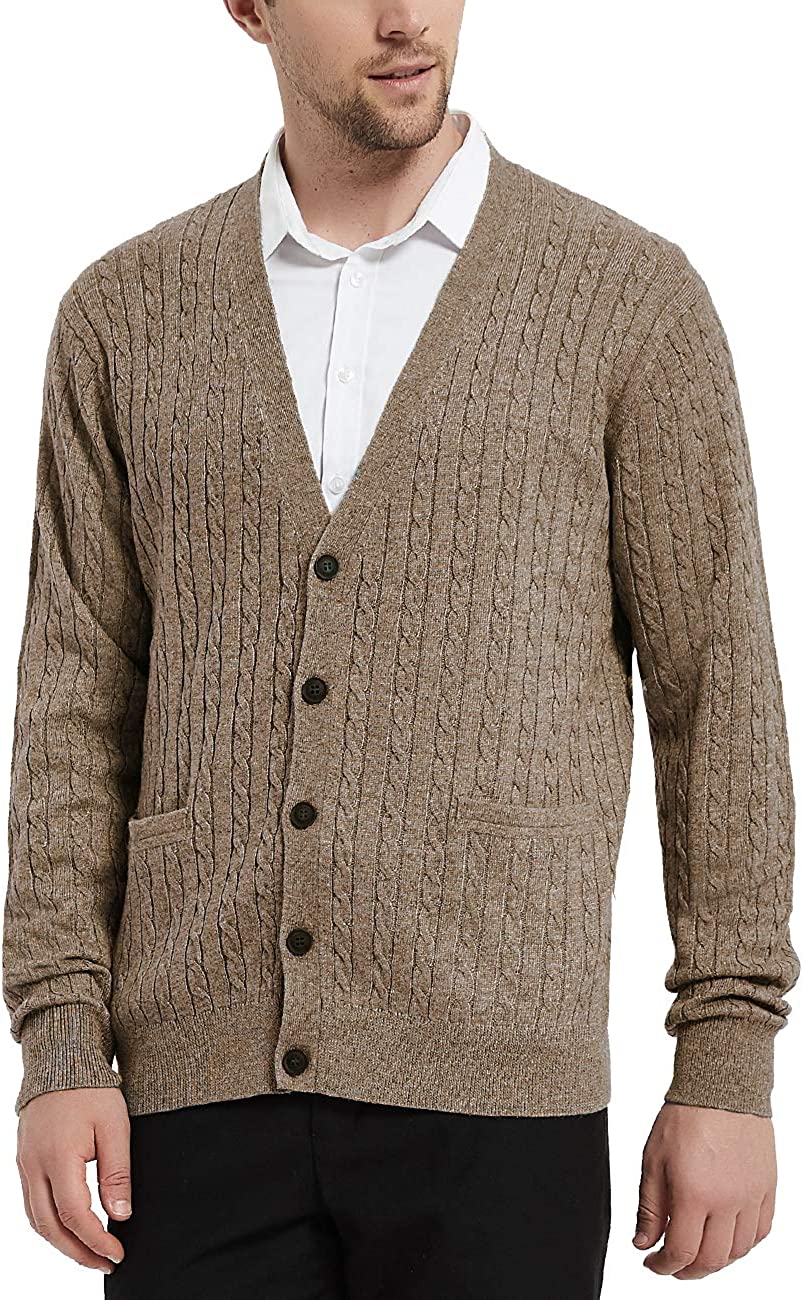 Kallspin Men’s Cashmere Wool Blended Cardigans Relax Fit V-Neck Long Sleeve Sweater with Button & Pockets 