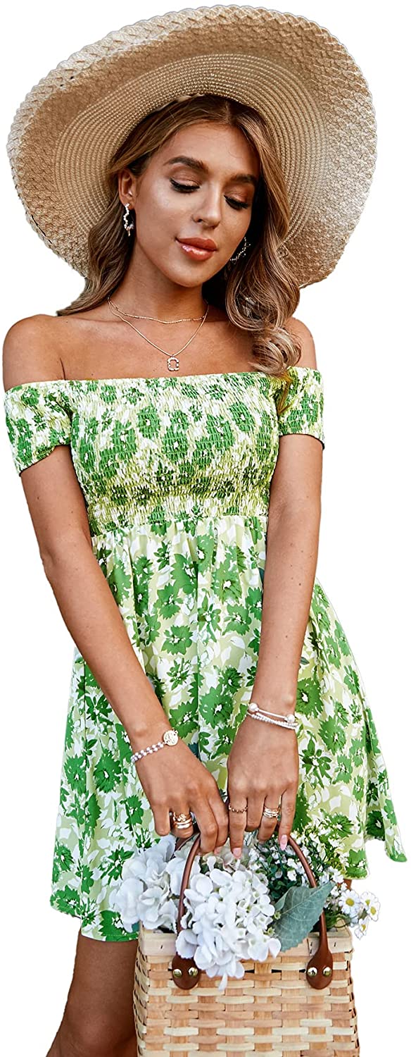 BerryGo Women's Vintage Off Shoulder High Waist Floral Print Beach Mini  Dress | eBay