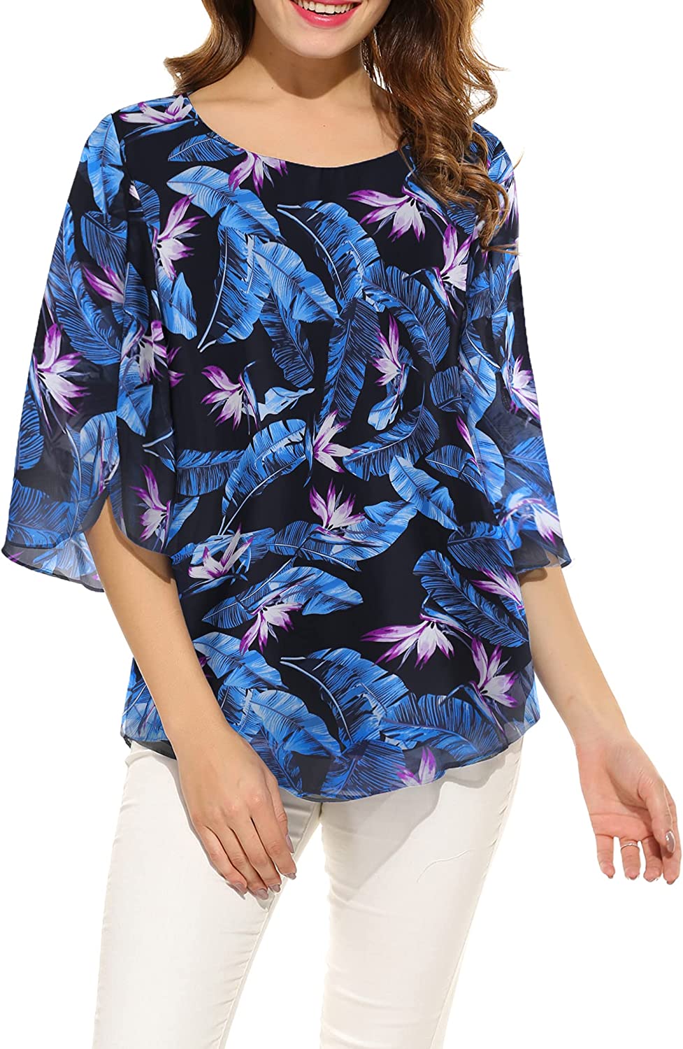 ACEVOG Womens Casual Scoop Neck Loose Top 3/4 Sleeve Chiffon Blouse Shirt  Tops