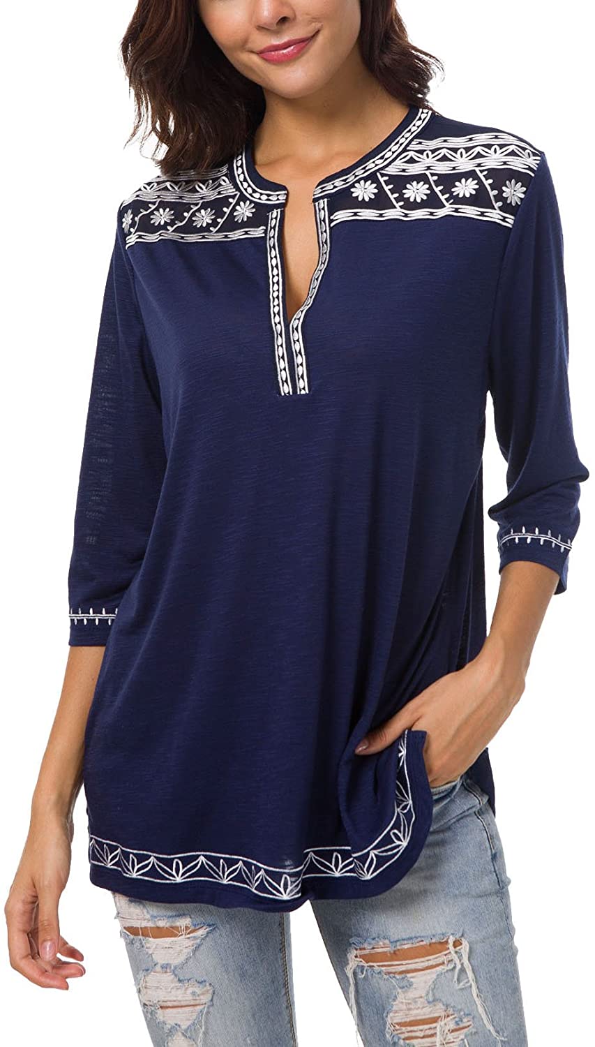 Women's 3/4 Sleeve Boho Shirts Embroidered Peasant Top