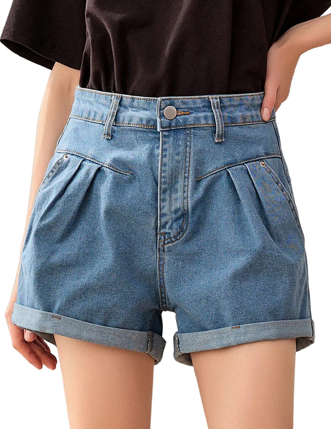 Buy JASAMBAC Women's High Waisted Denim Shorts Rolled Hem Wide Leg Casual  Jean Shorts with Pockets, Black, Medium at
