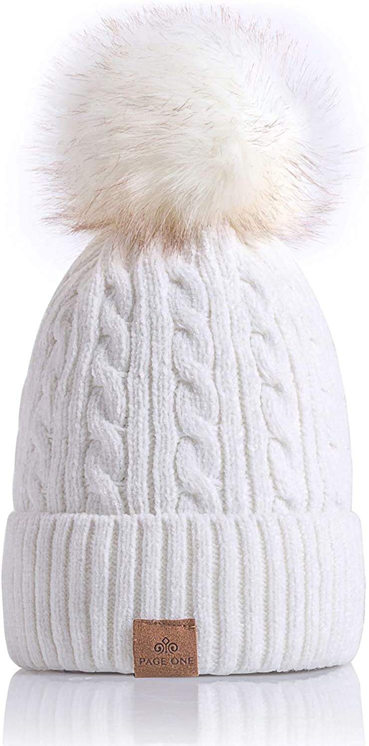 PAGE ONE Womens Winter Thick Cable Knit Beanie Faux Fur Pom Hat Fleece Lined Skull Cap 