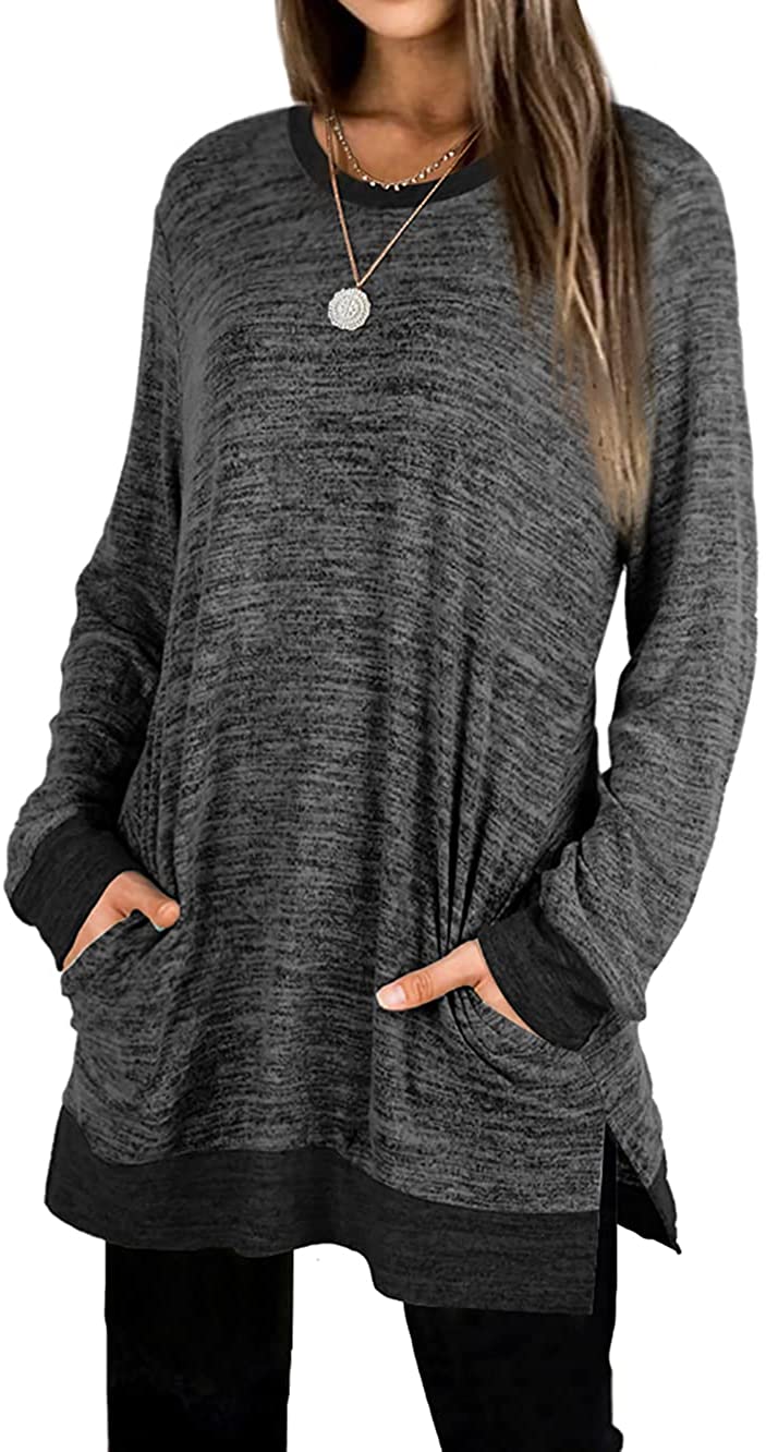 CALOER Womens Casual Sweatshirts Long Sleeve V Neck Shirts Oversized With Pocket Side Split Tunic Tops 