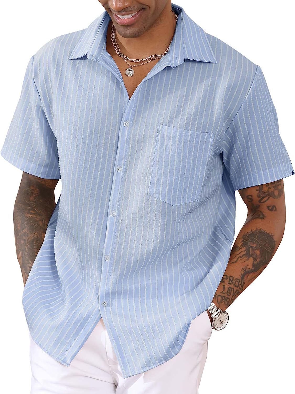 Linen Shirt Short Sleeve - Blue/White Stripe