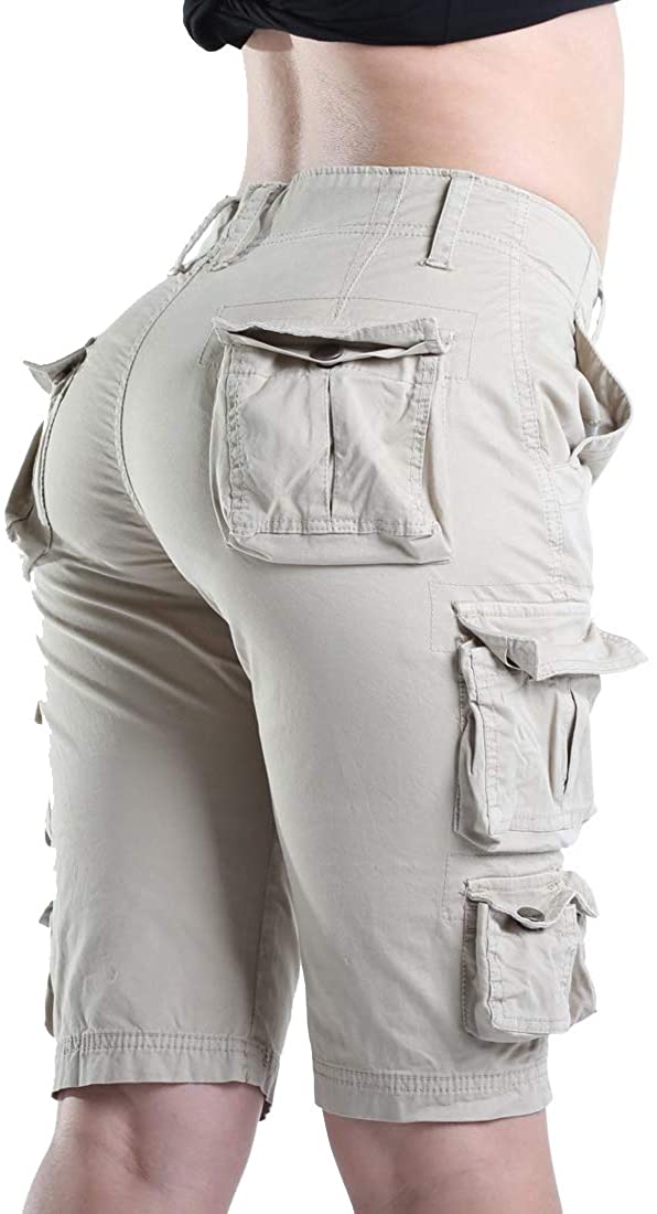 FOURSTEEDS Women's Cotton Loose Fit Zipper Multi-Pockets Twill Bermuda Drawstring Women Cargo Shorts 
