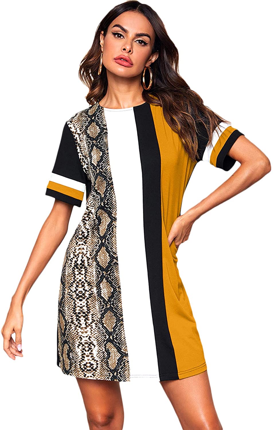 Floerns Women's Short Sleeve Color Block Leopard Print Tunic Dress 