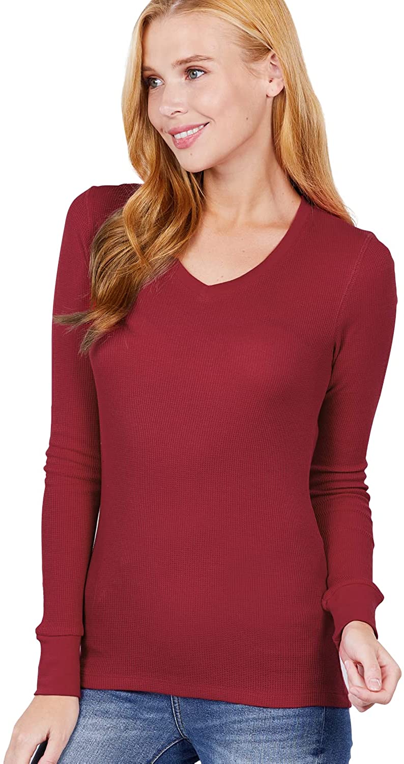 Cotton Blend Thermal V Neck Knit Top for Women Long Sleeves