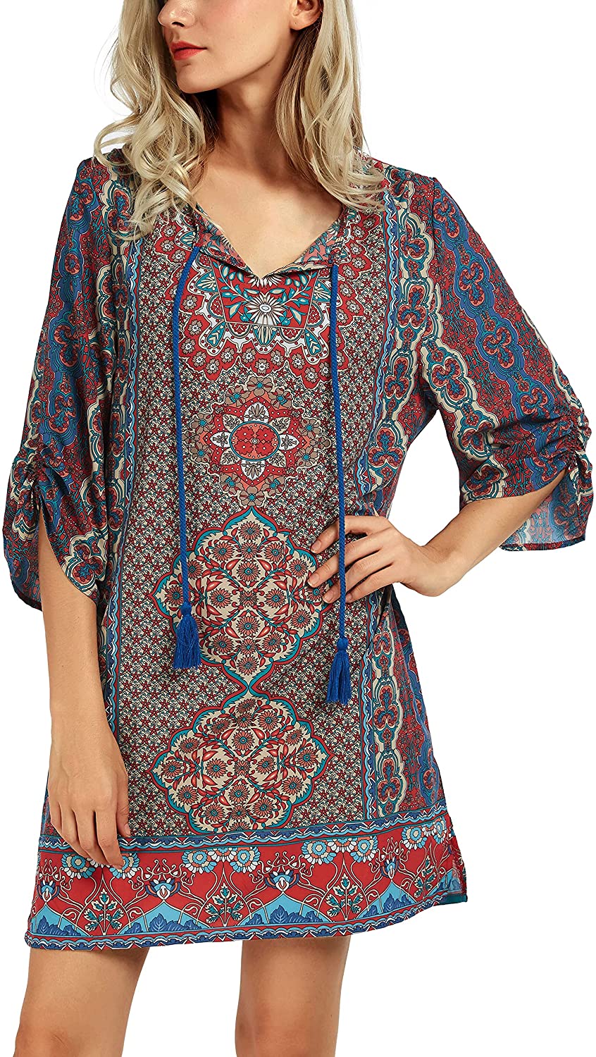 Women Bohemian Neck Tie Vintage Printed Ethnic Style Summer Shift Dress |  eBay