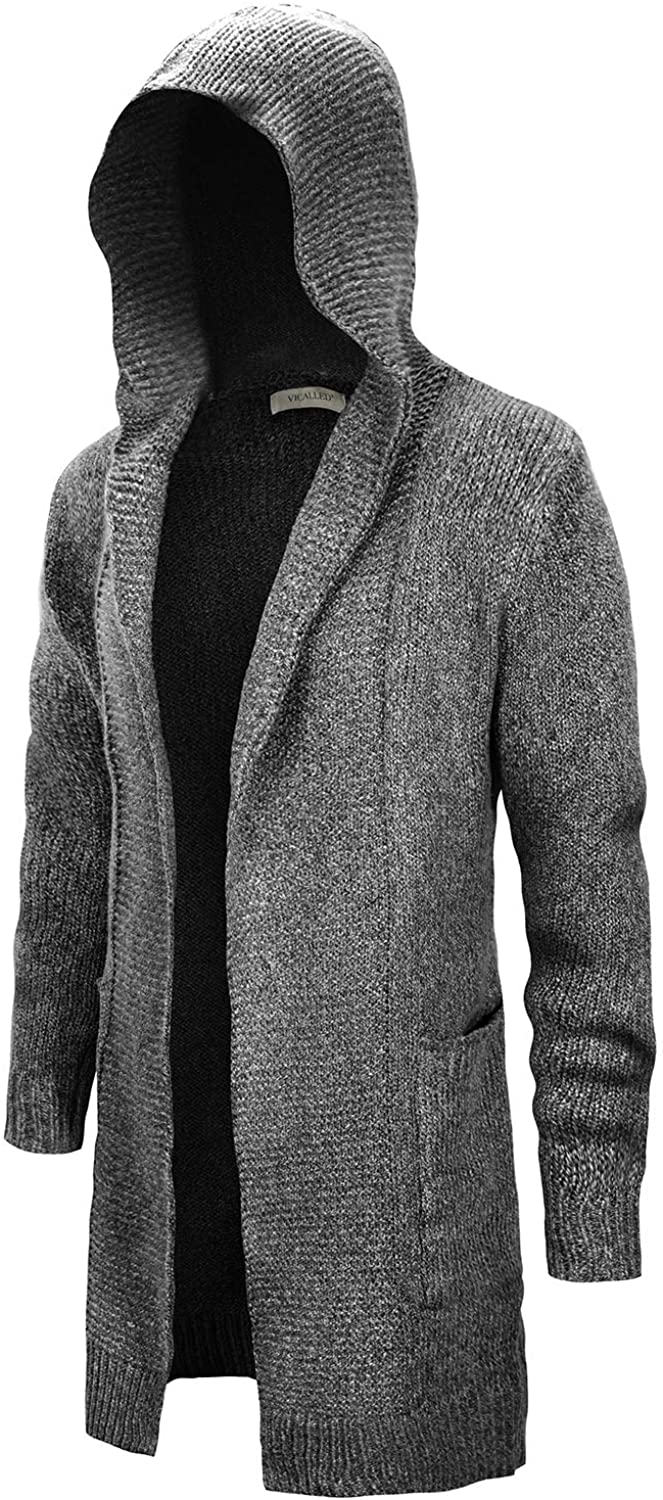 VICALLED Men's Long Cardigan Sweater Hooded Knit Slim Fit Open Front