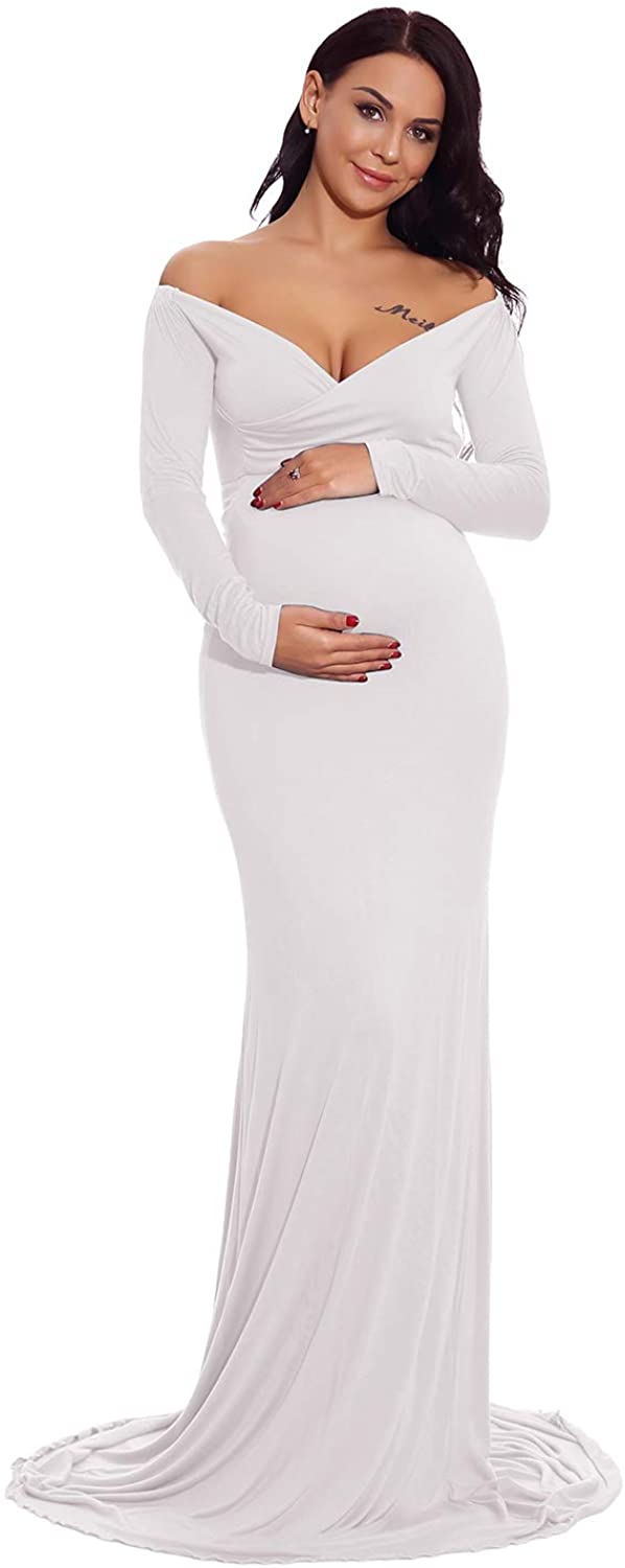 ZIUMUDY Maternity Off Shoulder V Neck Wraped Photography Photoshoot Dress Maxi Baby Shower Dress 