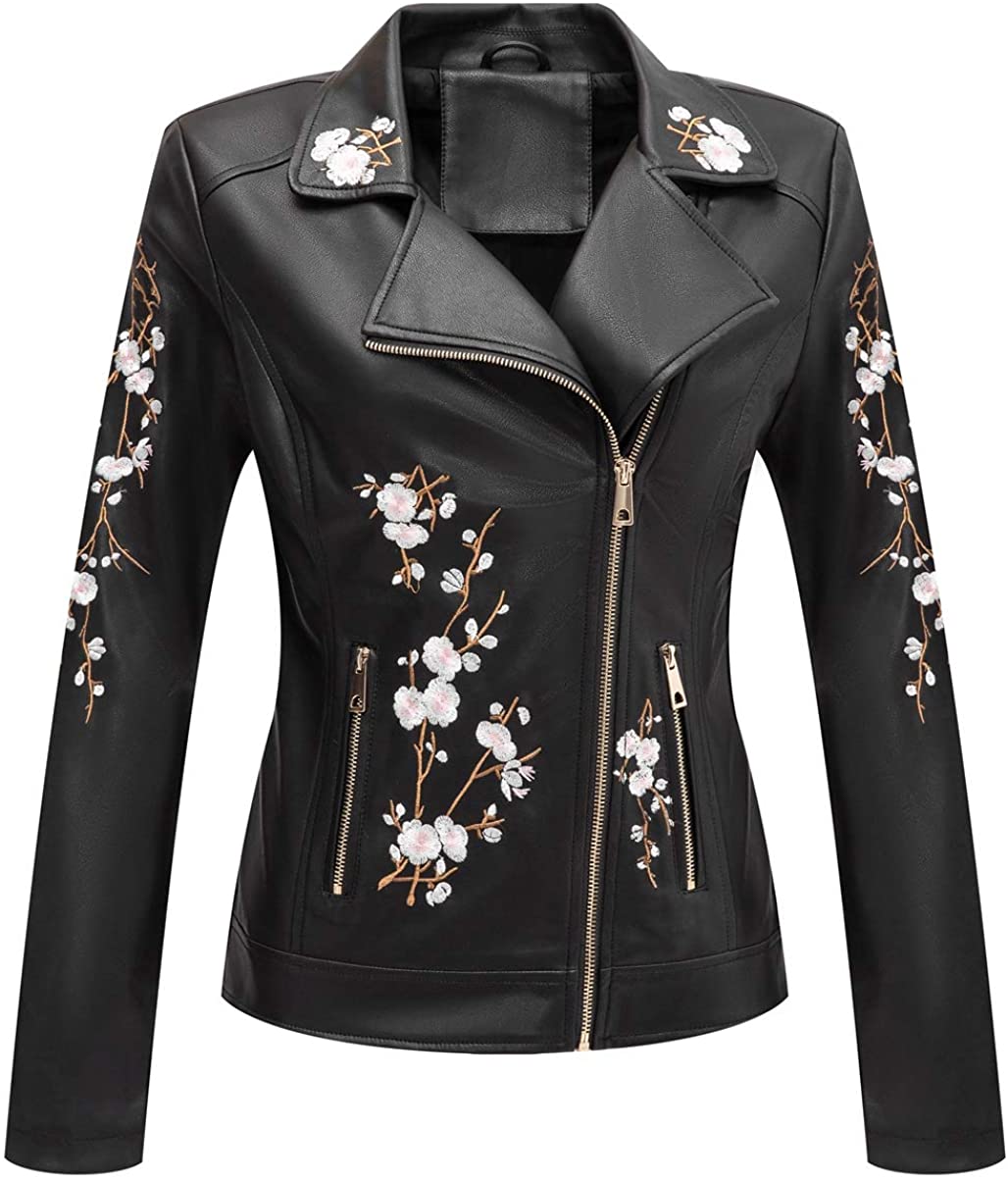 Bellivera Women's Faux Leather Casual Short Jacket, Moto Floral Coat with 2  Pock