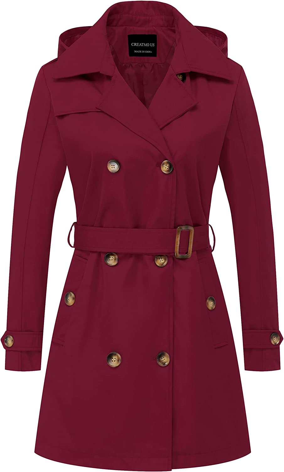 CREATMO US Women's Trench Coat Double-Breasted Classic Lapel