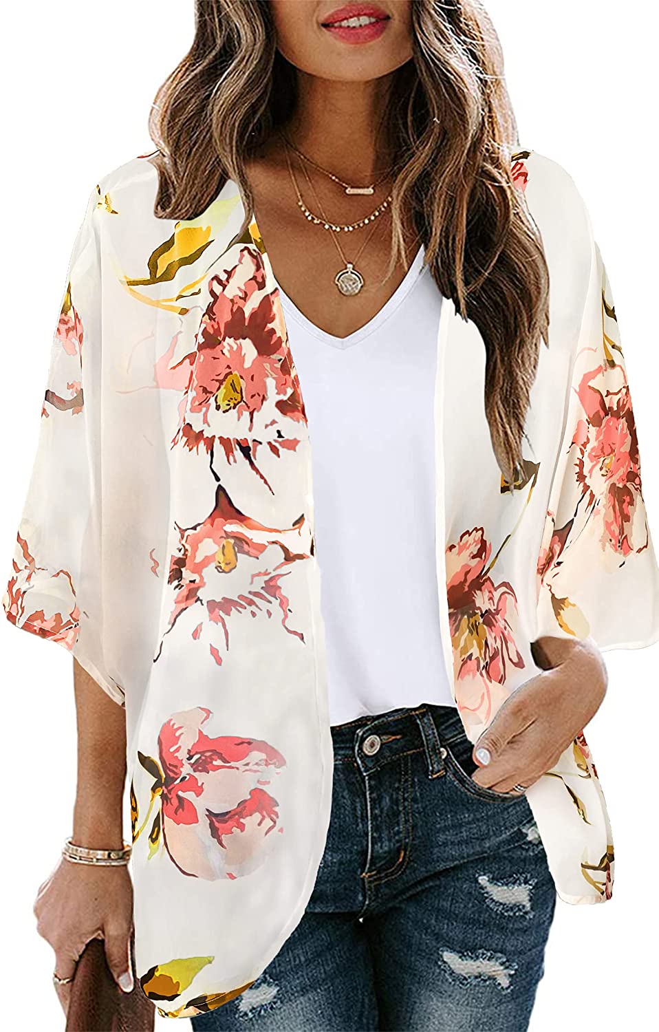 Women's Floral Print Puff Sleeve Kimono Cardigan Loose Cover Up Casual ...