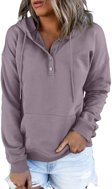 Cethrio Womens 2023 Hooded Tops Button Collar Drawstring Hoodies